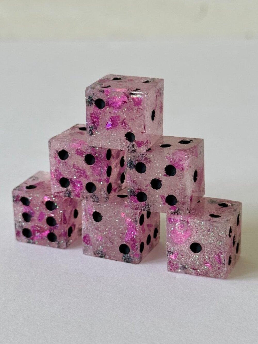 Resin Dice Set 6pcs - Pink Foil Black Dots - Handmade Replacement Dice Games - Picture 7 of 7